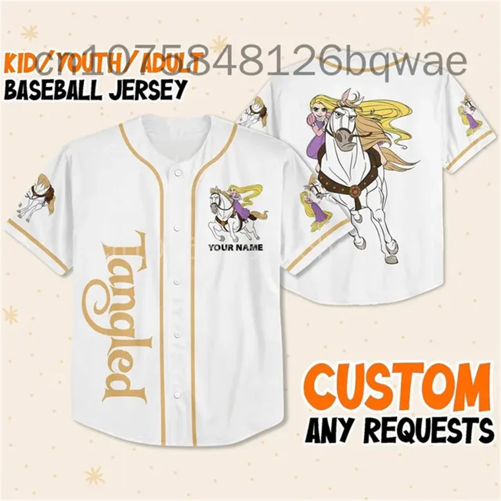 Homens e mulheres da Disney Мультфильм camisa de beisebol casual gráfico, Rapunzel Princesa Tangled Jersey, после персонализации, nov