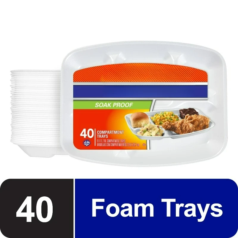 (3 pack) Soak Proof Compartment Foam Trays, 9 x 11 inches, 40 Count