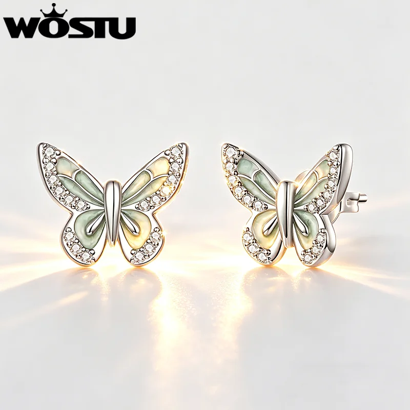 WOSTU Luxury 13MM Big Green Butterfly Stud Earrings for Women, Platinum Plated Zircon Studs 925 Silver backs Wedding Jewelry
