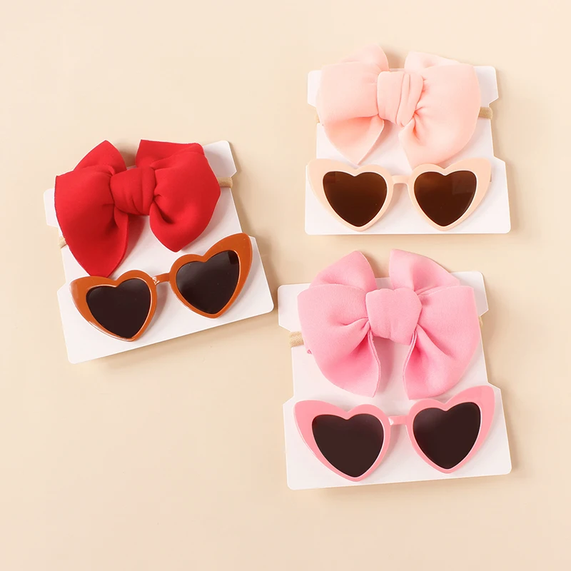 

New Kids Headband Sunglasses Set Big Bow Boy Girl Nylon Headwear Accessories Heart Shape Kids Glasses For Photography Props