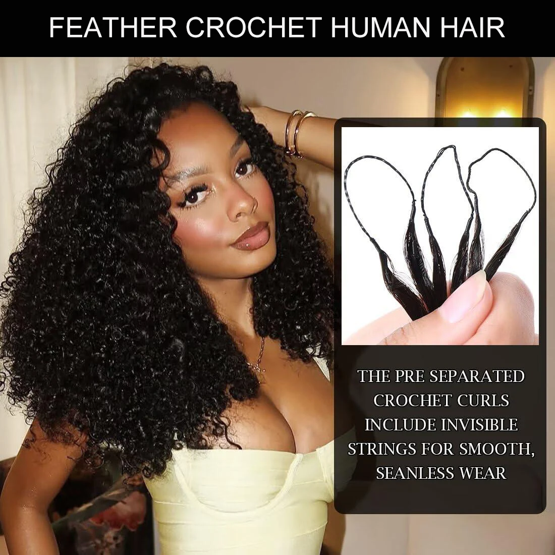 Human Crochet Hair for Black Women 18inch 60g Deep Wave Feather Crochet Human Hair Extensions Miracle Knots Boho Crochet Bundles
