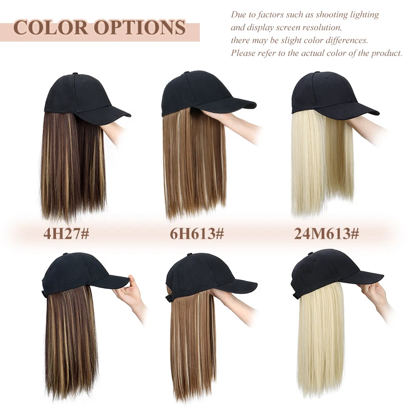 Pelo sintético con gorra de béisbol cabello largo lacio negro extensión elegante y conveniente todo en uno para mujeres 5