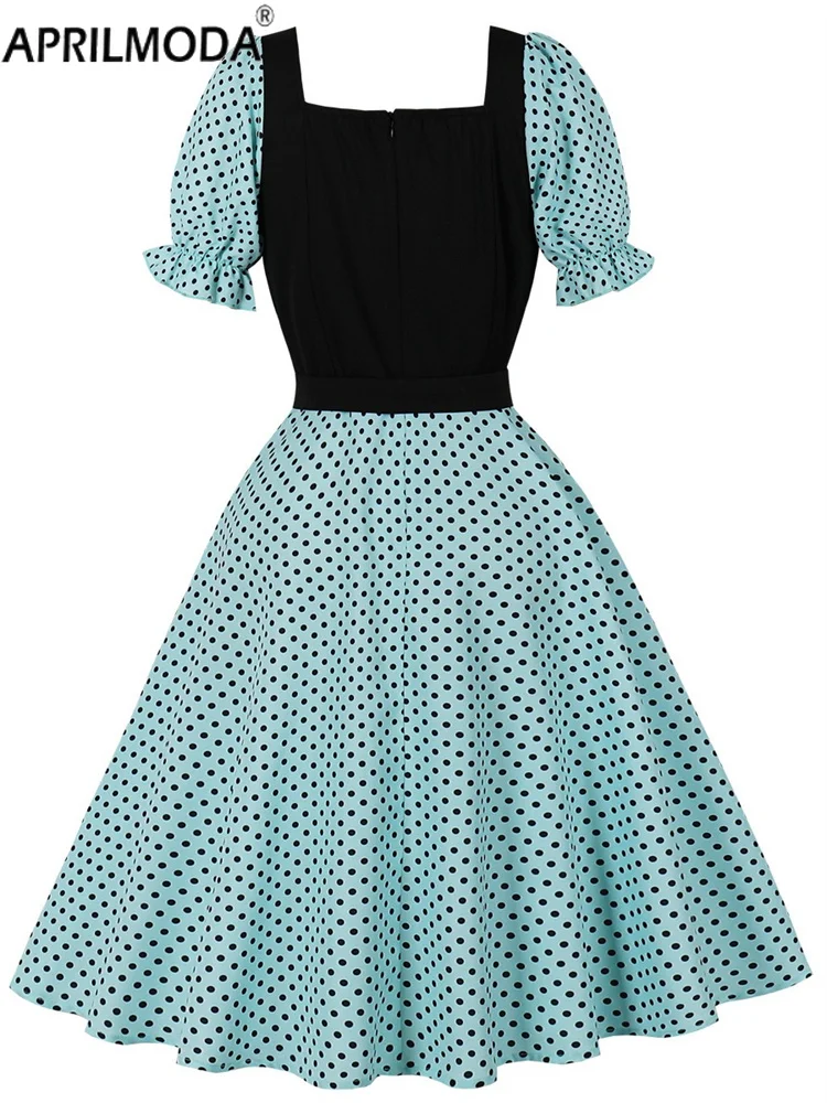 Vestido informal de verano con estampado de lunares para mujer, vestido elegante de manga corta con corte en A, para uso diario y de oficina, estilo años 50, con cinturón