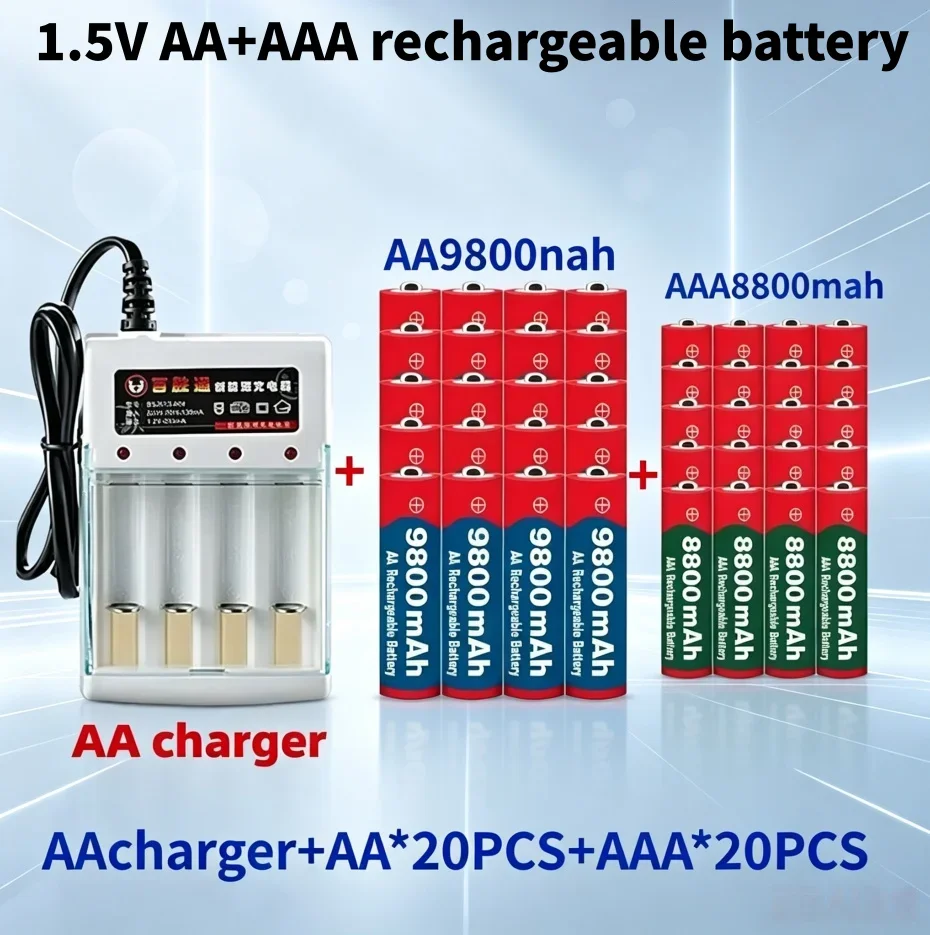 Set di batterie ricaricabili originali ad alta capacità, 1,5 V, modello AA 9800 mAh e AAA 8800 mAh, fornito con caricabatterie, ideale per alimentare diversi tipi di dispositivi in casa, giocattoli,