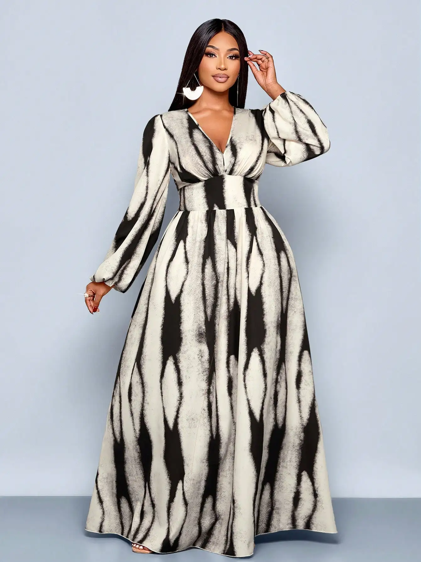 

Женское платье макси больших размеров с V-образным вырезом, рукавами «летучая мышь» и А-образным силуэтом, черно-белый принт, элегантное повседневное платье