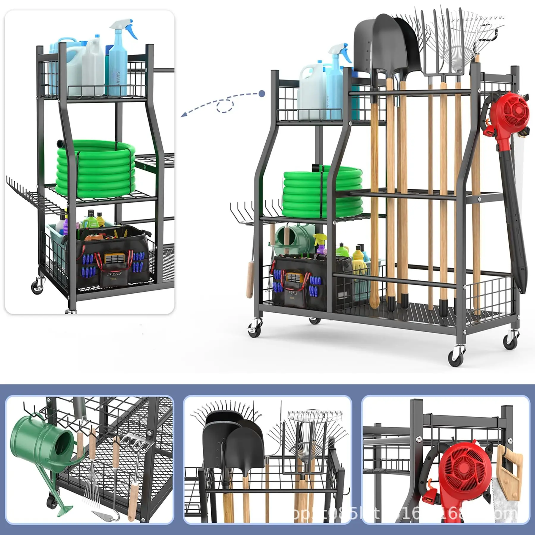 Cross-border Garden Tool Rack Garden Instrument Storage Rack Wheel Shelf Garage Mobile Tool Cart