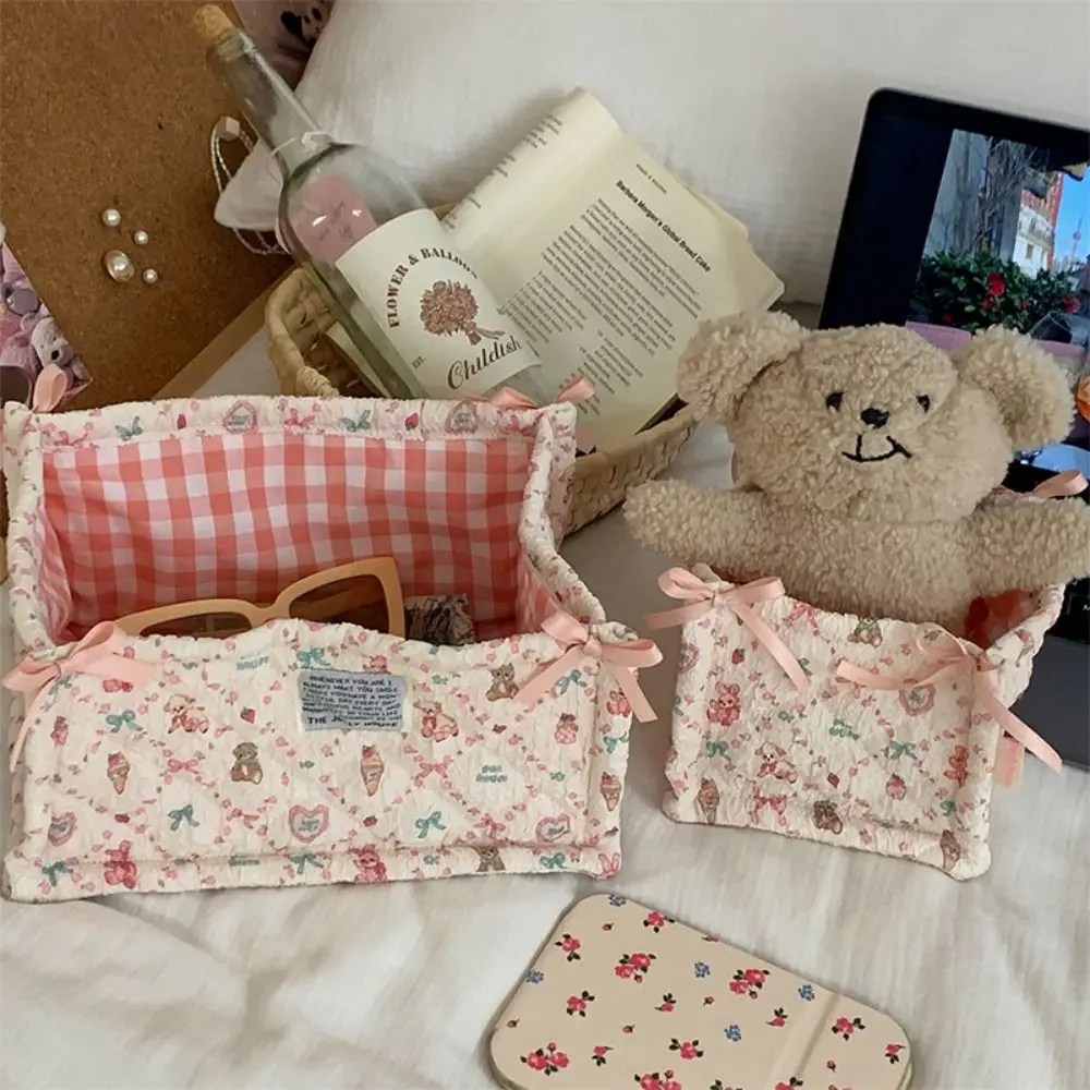 New Quilting Cotton Storage Box Bear Pattern High-capacity Desktop Storage Basket Square Cartoon Storage Frame Home Decoration