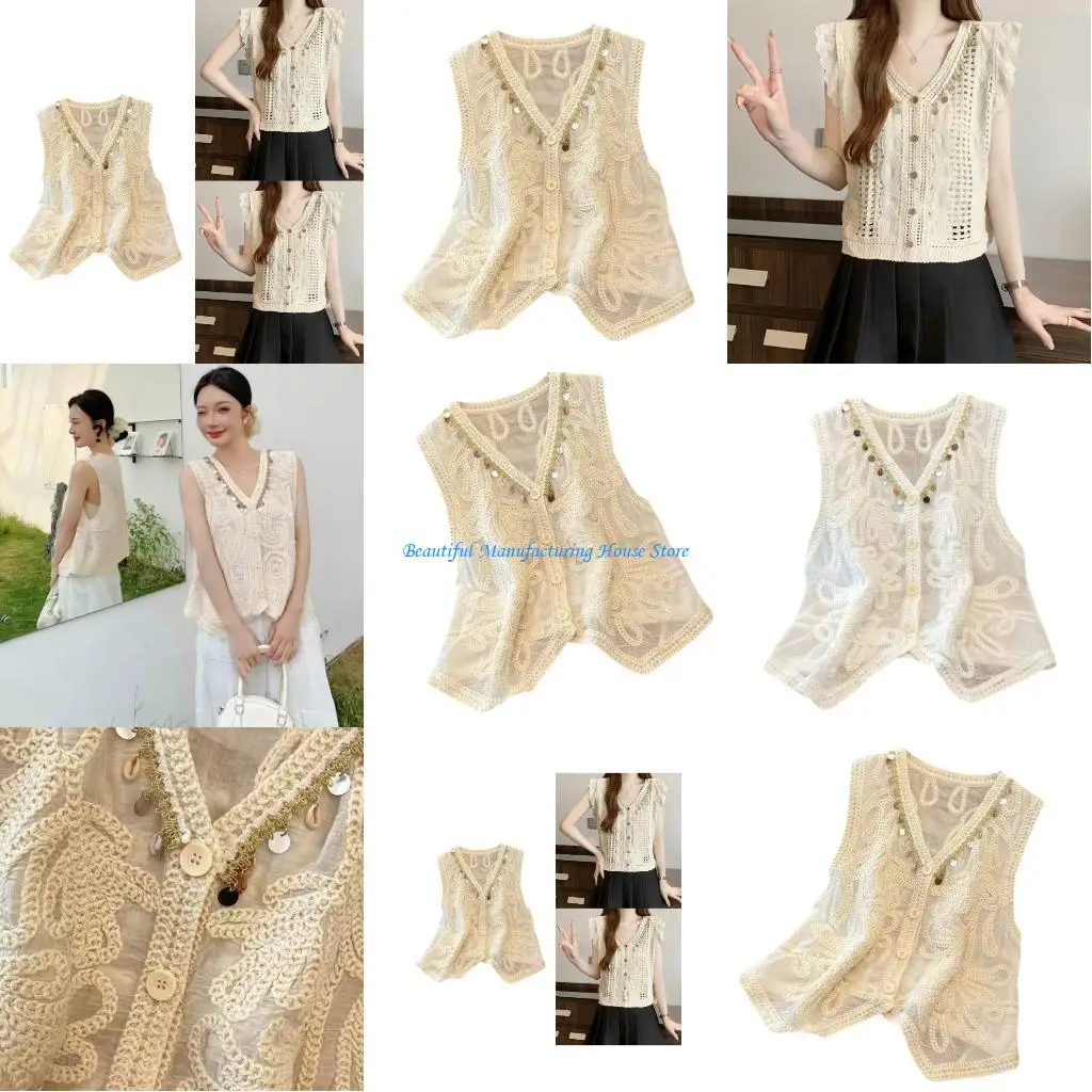 E56A المرأة خمر الكروشيه التطريز أكمام سترة سترة الخامس الرقبة شرابات زر الجبهة قطع علوية بدون أكتاف عطلة صدرية #1
