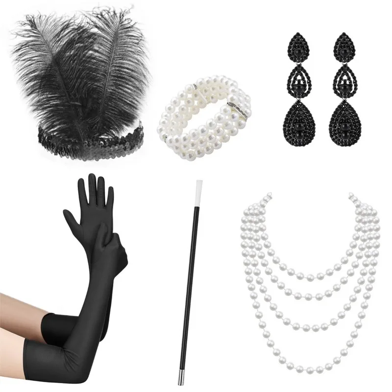 6pcs 1920 Gatsby Accessories Ball Party Christmas Halloween Set Hair Band Smoke Rod Gloves Earrings Necklace Bracelet