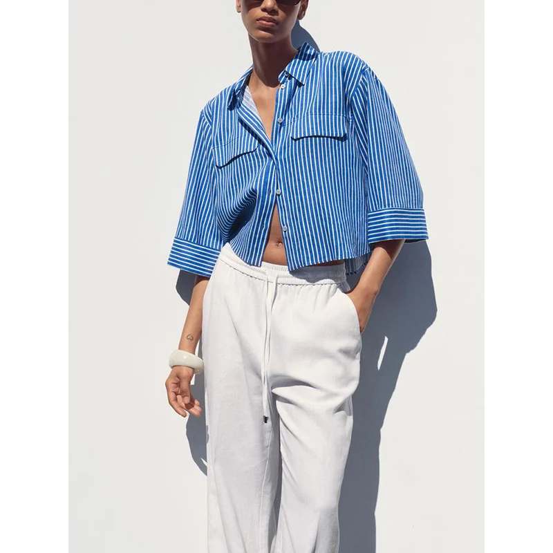 

Summer New Women's Casual Linen Blend Wide Sve Turn-down Collar irt Loose Fit Polyester Fiber UV Protection ort Sve