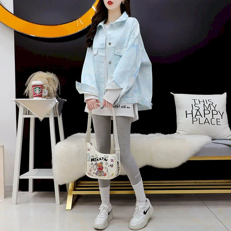 Denim Shirts Voor Dames Bedrukt Vintage Oversized Vesten Lange Mouwen Casual High Street Denim Jassen Koreaanse Stijl Vrouwen Tops