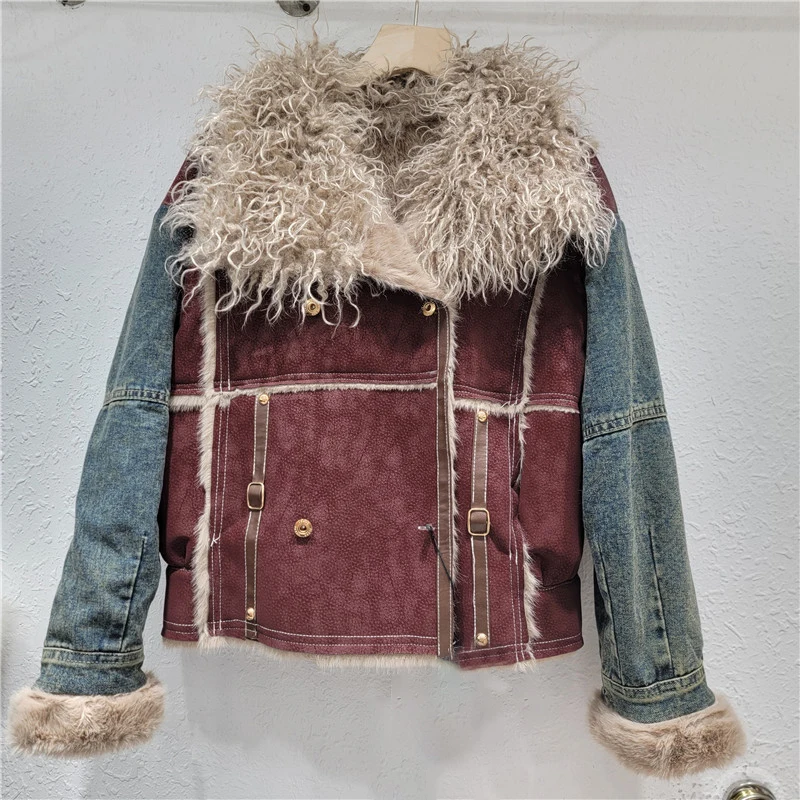 DEAT Women's Denim Coat Patchwork Faux Fur Lapel Thick Lamb Fur Loose Buttons Female Jackets 2024 Winter New Fashion 29L8789