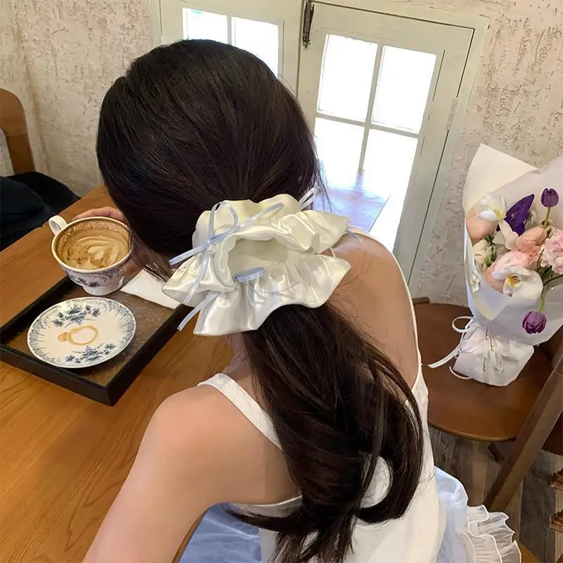 Balletcore French White Ruffled Bow Large Scrunchies High Elasticity Non Slip Hair Ties for Women Ponytail Bun Holder