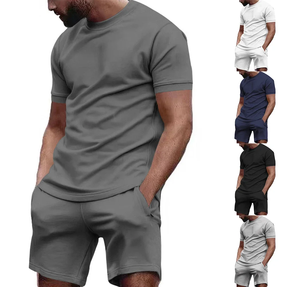 Conjuntos curtos masculinos verão camiseta agasalho casual colarinho diário férias masculino festa conjunto regular shorts cor sólida