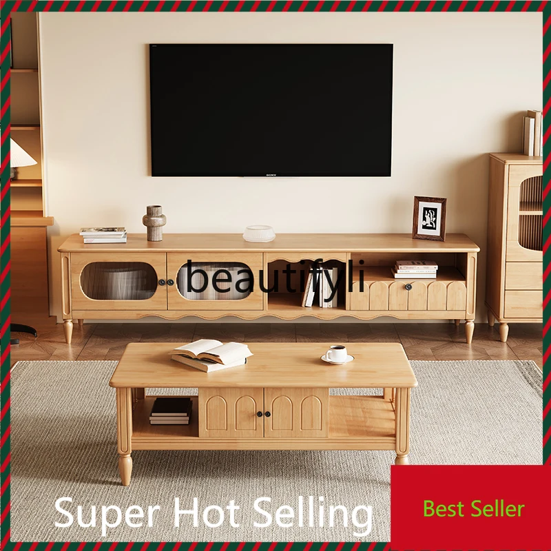 

Vintage Style Solid Wood TV Cabinet and Coffee Table Set French Retro Living Room Background Wall Cabinet Side Cabinet G1218