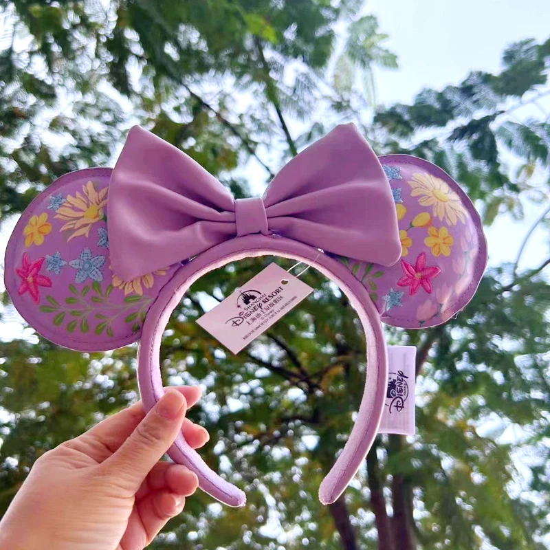 2024 Disney Purple PU Mickey Mouse Ear Headband Bow Hairband Cosplay Plush Adult/Kids Headband