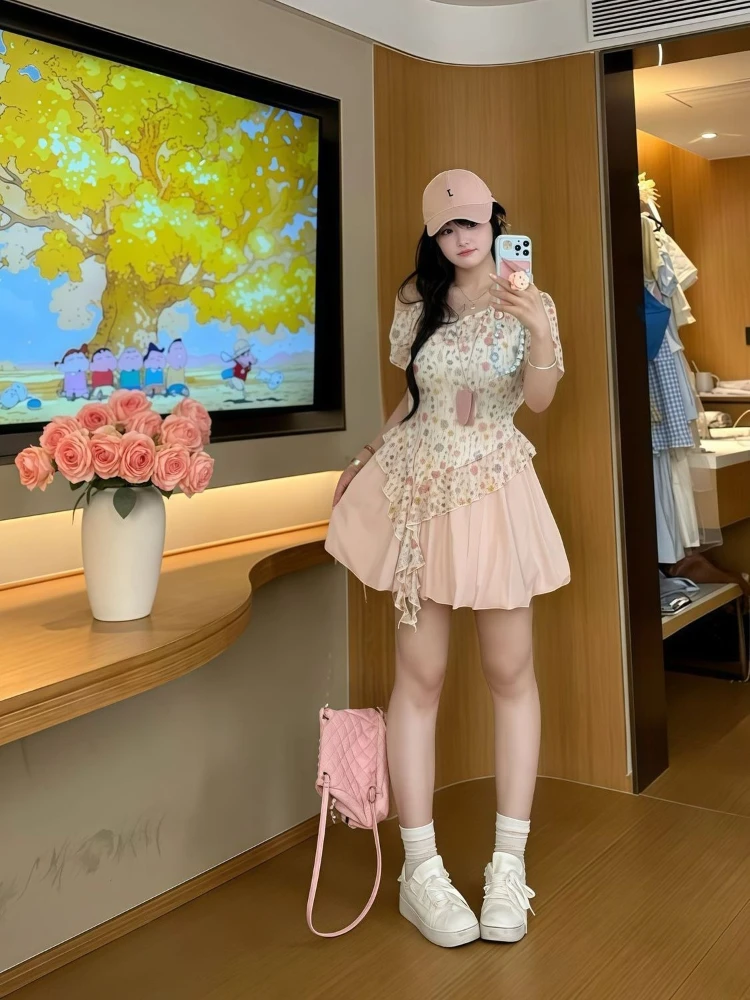 French Sweet Floral Chiffon Ruffle Short Sleeve Cami Top Bubble Mini Skirt 2 Piece Set For Curvy Women Girls Daily Party Outfit