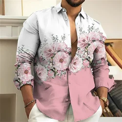 Camisa de manga comprida com estampa floral masculina, Impressão 3D, Rosa, Azul, Roxo, Cinza, Roupa de rua ao ar livre, Designer, Moda Casual, 2023