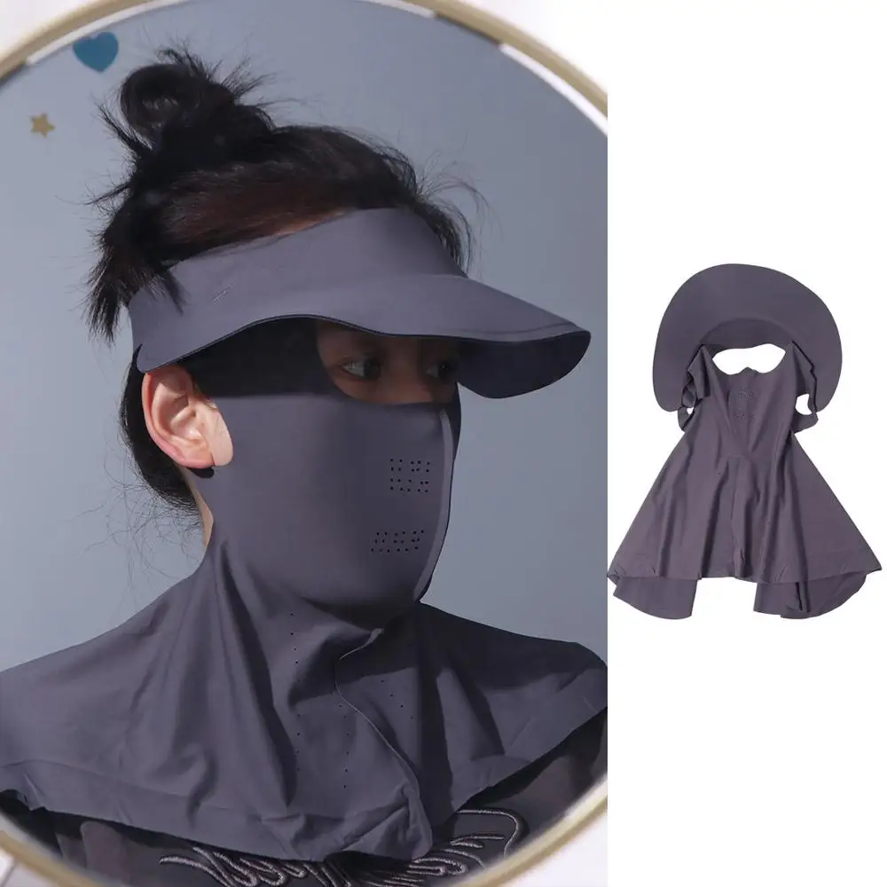 

UV Protection Sunscreen Face Cover Solid Color Visor Hat Ice Silk Mask Wide Brimmed Hat Neck Scarf UV Protection Veil Riding