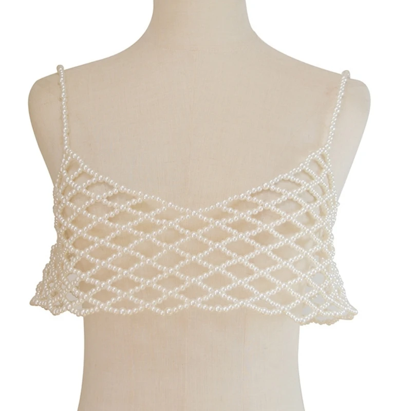 F42F Handwoven Pearl Chain Crop Top Hollowed Mesh Net Camisole Body Jewelry for Women