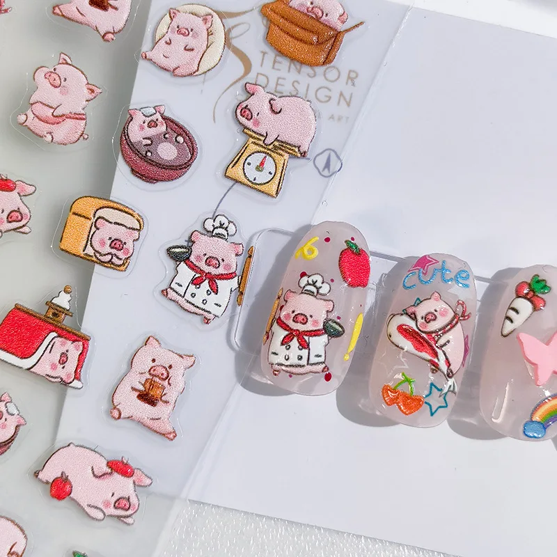 Cute Cartoon Piggy 5D Soft Reliefs Self Adhesive Nail Art Decorations Stickers Rabbit Bear Duck 3D Manicure Decals Wholesale