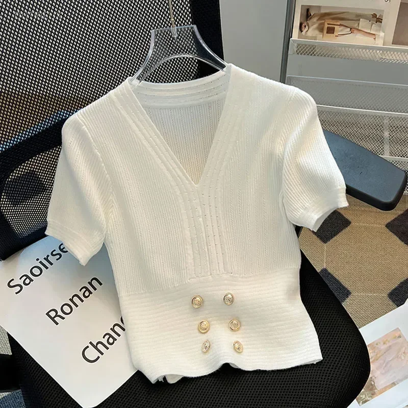 Button Decoration Ropa Mujer V-neck Knit 2026 Woman Clothing Summer New Fashion Clothes Short Sleeve T Shirt Bottomed Roupas