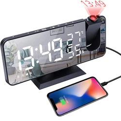 180° Arm Projection LED Digital Alarm Clock Table Watch FM Radio Electronic Bedside Desk Clock Temperature Humidity Display