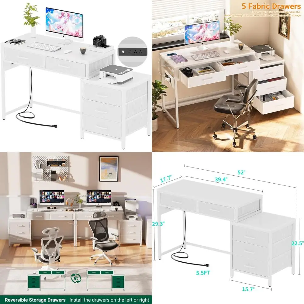 

Reversible 5-Drawer Computer Desk with Power Outlets and USB Ports, Durable Study Writing Table