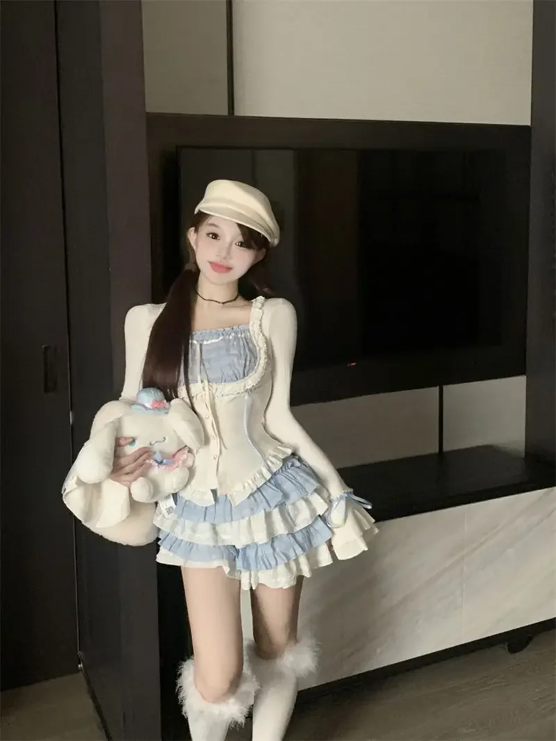 Outono kawaii lolita terno estilo japonês fino rendas topos + bodycon y2k mini saia moda bolo saia meninas festa 2 peça conjunto