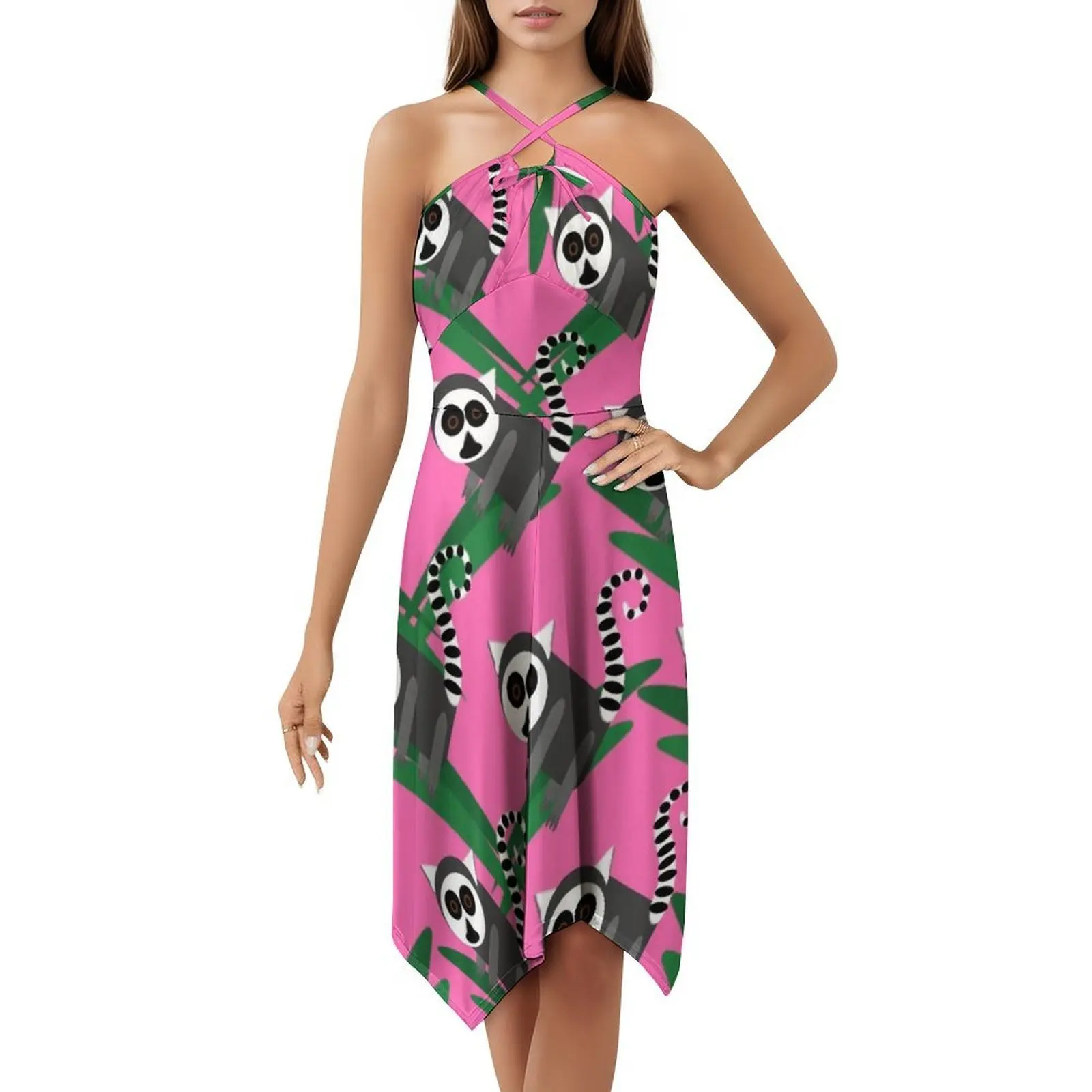 キツネザル柄ピンクの恋人ネックラインドレスエレガントなサマーパーティードレス女性のためのキツネザルキツネザルベビーキツネザルメンデブルキツネザル女性