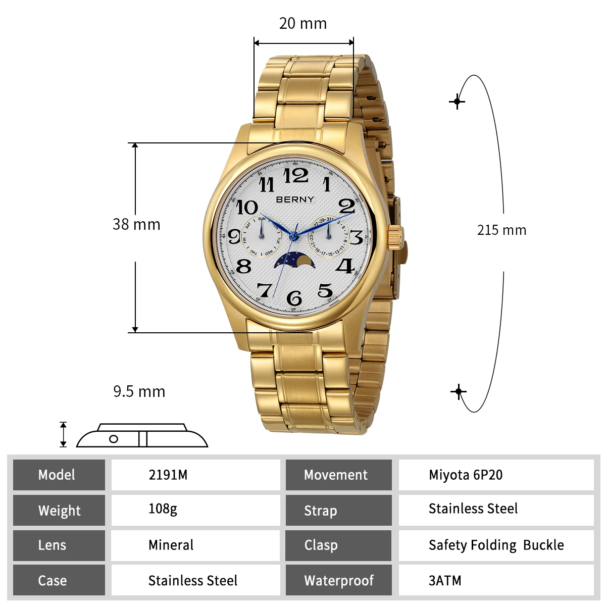 BERNY Gold Men\'s Watch Stainless Steel Luxury Quartz Moon Phase Watches for Men Vintage Calendar Wristwatch Easy Read Multi-hand