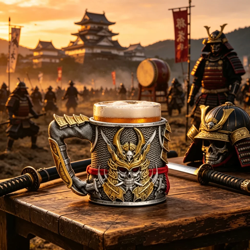 Samurai Skull 3D Relief Stainless Steel Beer Mug Japanese Warrior Oni Mask Tankard Gothic Stein Cup for Men Bar Decor Gift