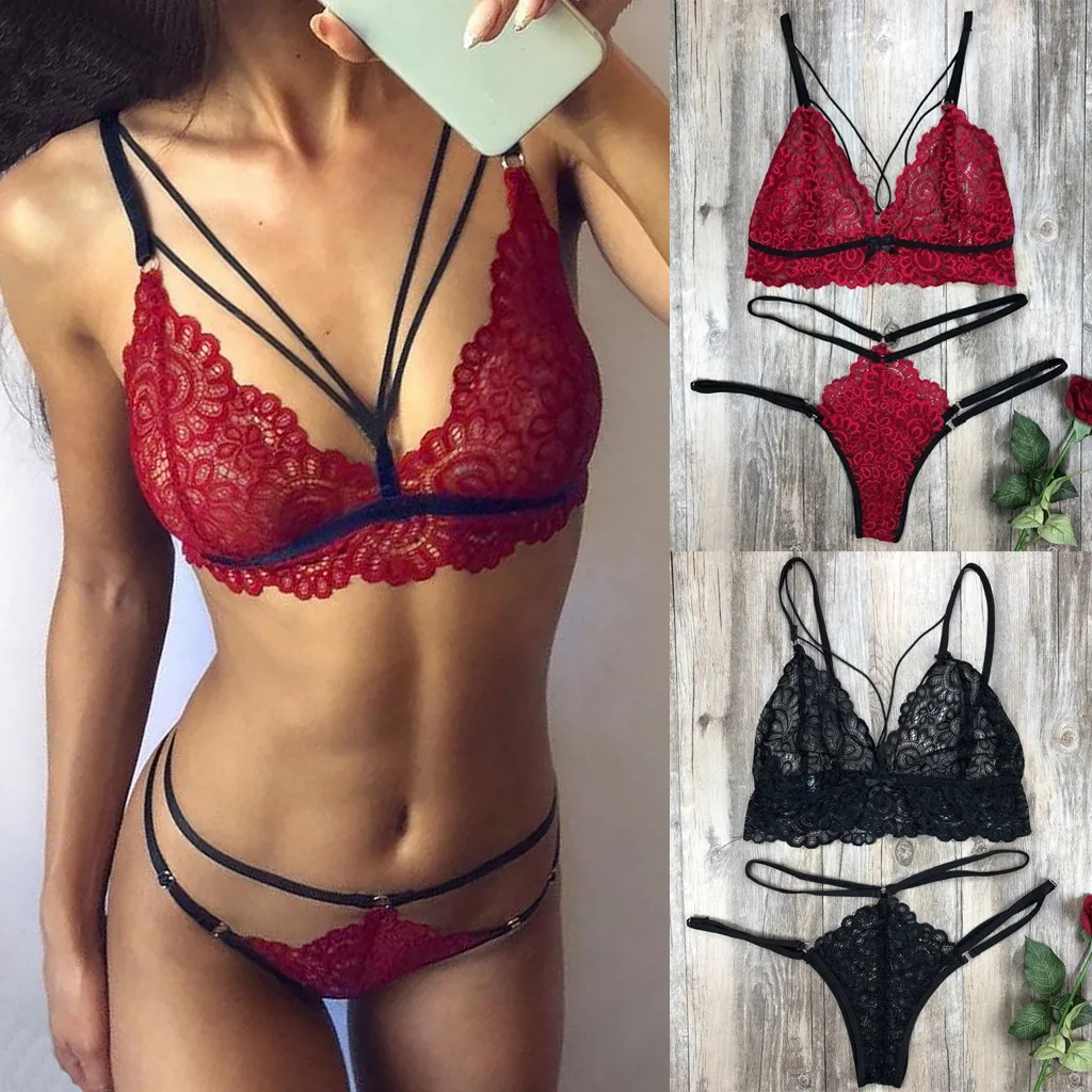

Women'S Fashion Sexy Lace Set Hollow Out Split Two Piece Set Without Steel Ring Bra And Underwear Sexy Set Adult Female Lingerie