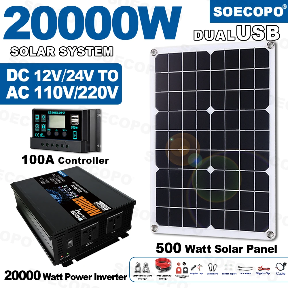 

SOECOPO 20000W Complete Solar System Set 500W Solar Panel Inverter(2 sockets) 12V/24V 110V/220V 100A Controller for Home Camping