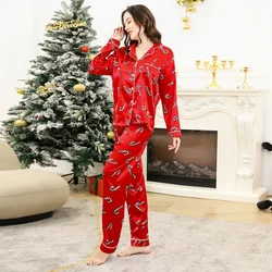 Women's Christmas Tint Imitation Silk Long Sleeve Pajamas Home Suit Set