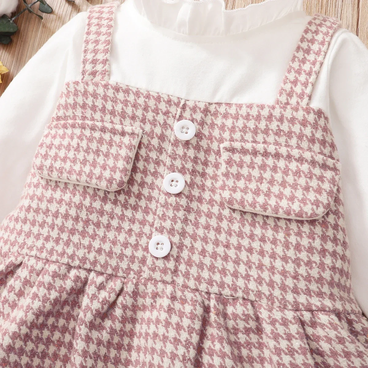 PatPat Frilly Collar Long-sleeve Splicing Pink Baby Faux-two Houndstooth Dress Perfect for Outings and Daily Wear