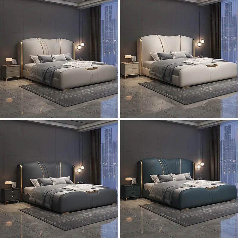 Łóżko skórzane w stylu włoskiego lekkiego luksusu, 1.8 metra, do sypialni głównej, podwójne łóżko, z wysoką pojemnością przechowywania.