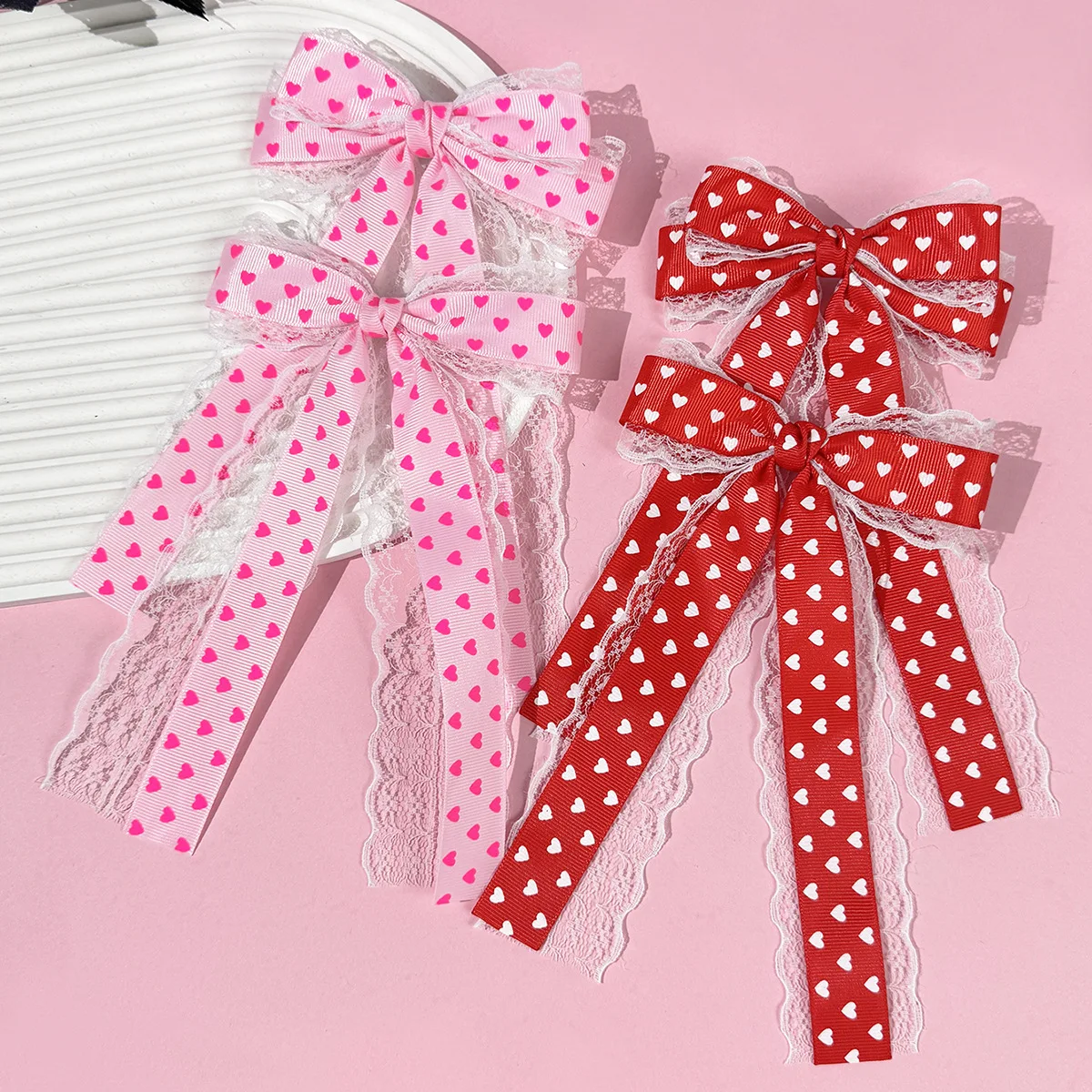 

36PC Lace Heart Print Ribbon Bow Hair Clips with Long Tassels Hairgrip for Girls And Women Valentine's Day Hair Accessories Bulk