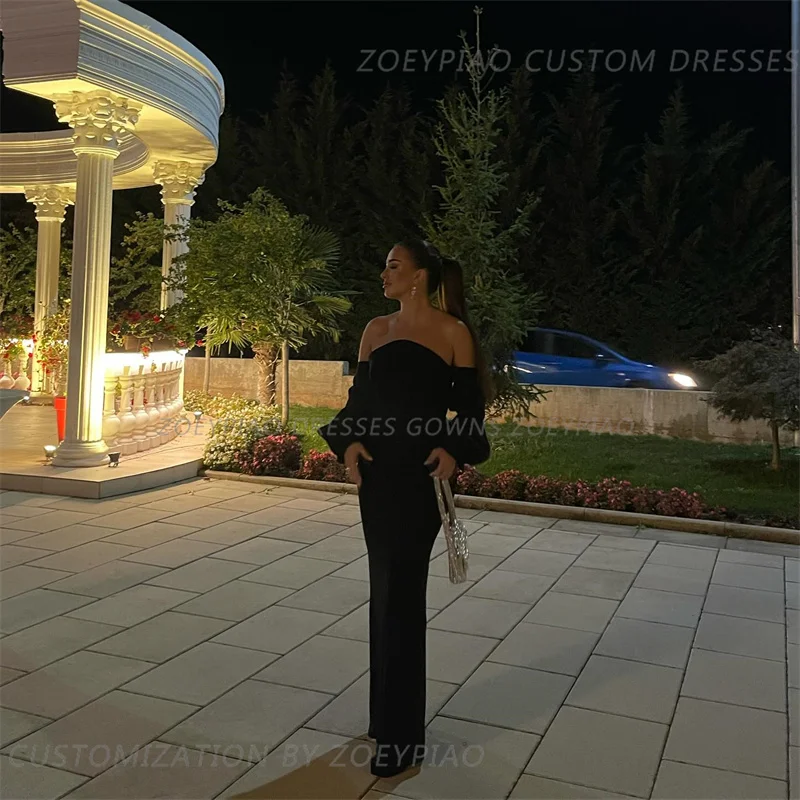 Simple Black Long Sheath Formal Evening Dresses Long Sleeves Strapless Casual Women Prom Gowns Satin Formal Party Dress Gown