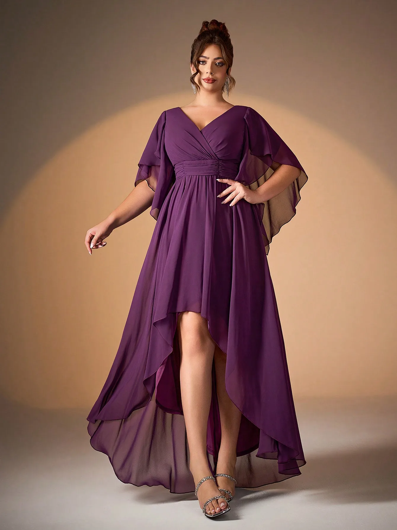 Mgiacyvネックパールシフォンイレギュラースリーブ、フロントが短く、バックが長い裾のハイエンドイブニングドレス