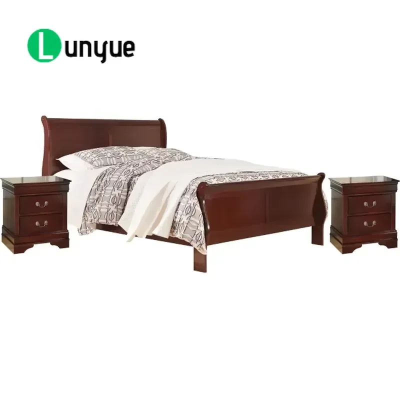 Traditional Queen Bedroom Set Hand Carved Pine Sled Bed Frame with 2 Nightstands Rich Warm Colors Antique Bronze Finish