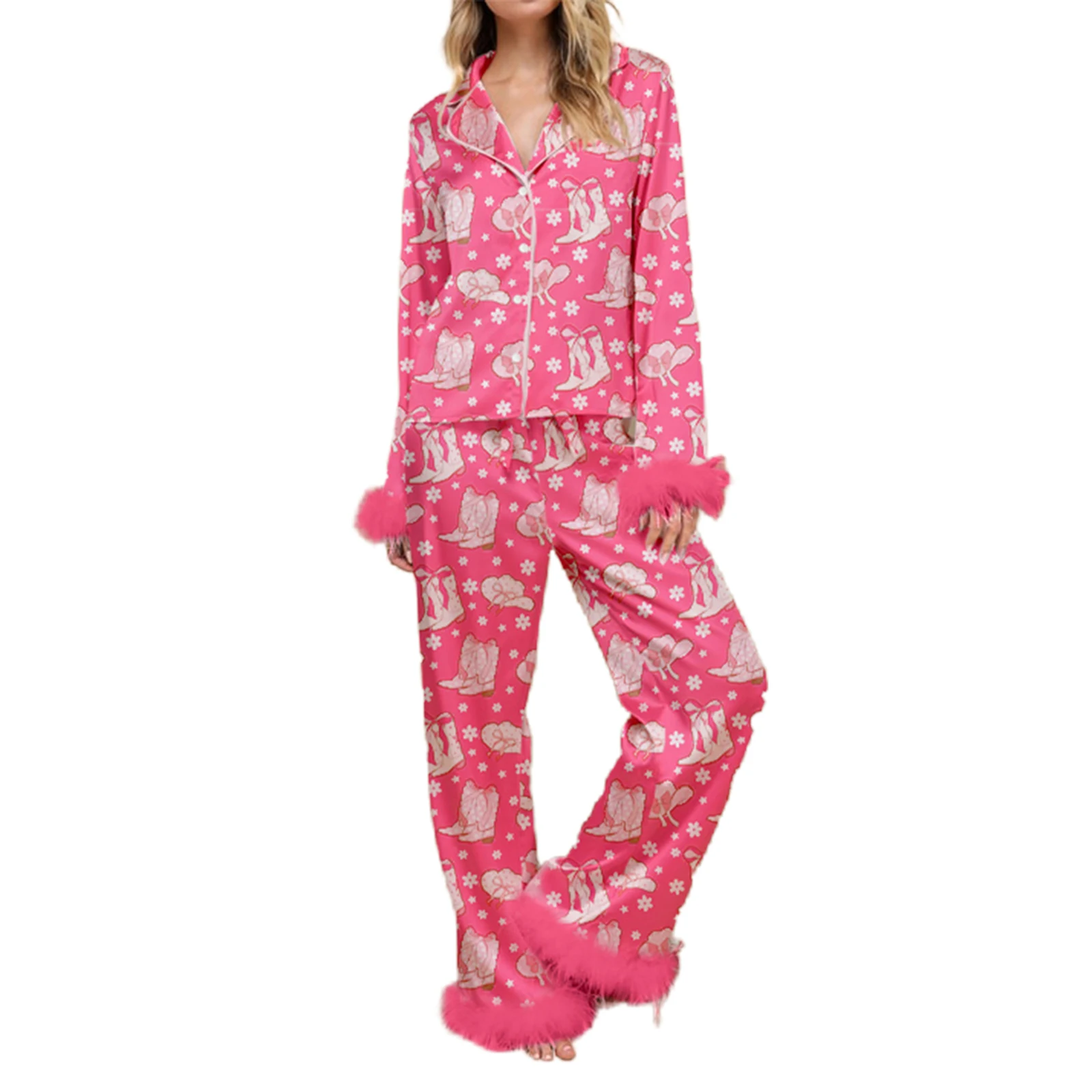 Christmas Pjs Sleepwear Silk Satin Lounge Sets Feather Trim Long Sleeve Shirt Pants Festival Rave Christmas Pajamas for Women