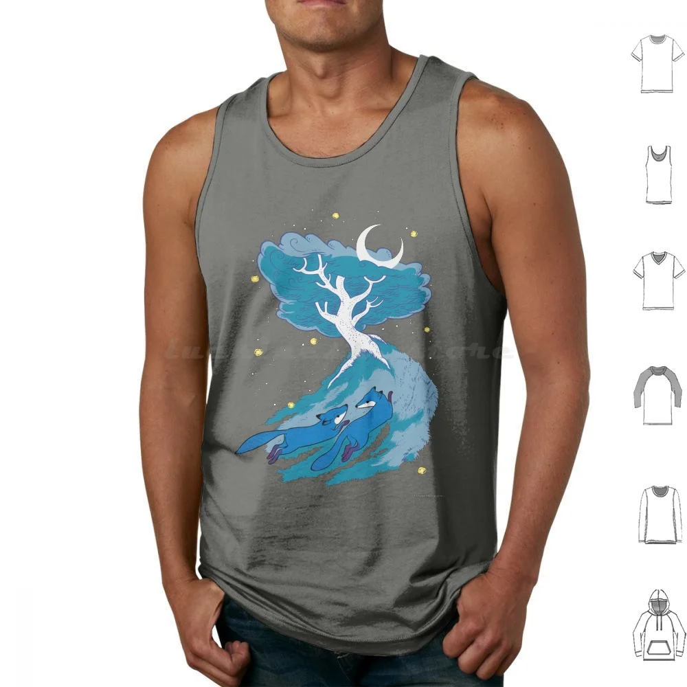 Moonlight Foxes Tank Tops Print Cotton Fox Foxes Moon Tree Summer Magic Moonlight Fireflies Magical Fantasy Love Nature