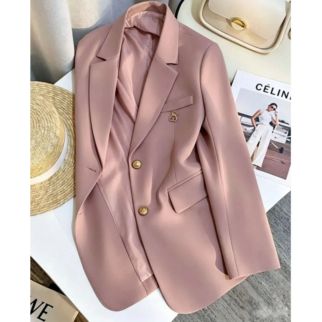 Casual Loose Women's Suit Jacket 2026 Design Spring Autumn Korean Style High Quality Fashionable Standard Fit Polyester Fiber