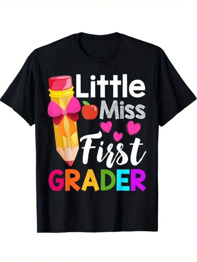 Little Miss 1st Grader T-Shirt – Black Cotton First Day Of School Tee For Boys & Girls, Casual Short Sleeve With Colorful Lettering, Perfect Gift , Youngsters School Apparel | Vibrant Youngsters Shirt | Cotton Material