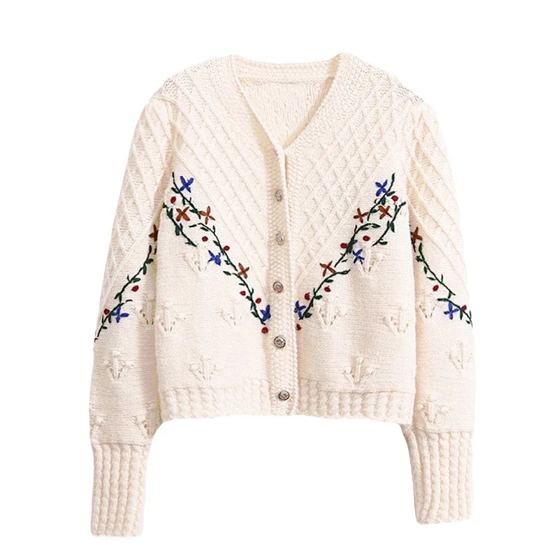 New Flower Embroidery Cardigan Women Korean Fashion Vintage V Neck Knitted Sweater Coat Ladies Sweet Knitwear Autumn Winter 2024