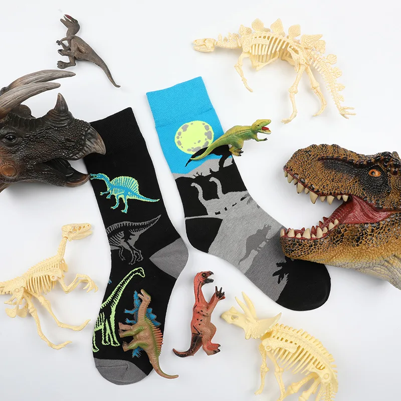 AB Cotton Causal Fashion【1 Pair】 Men Funny Animals Dinosaur Happy Socks Boys Male Street Skateboard Crew Standard Sox