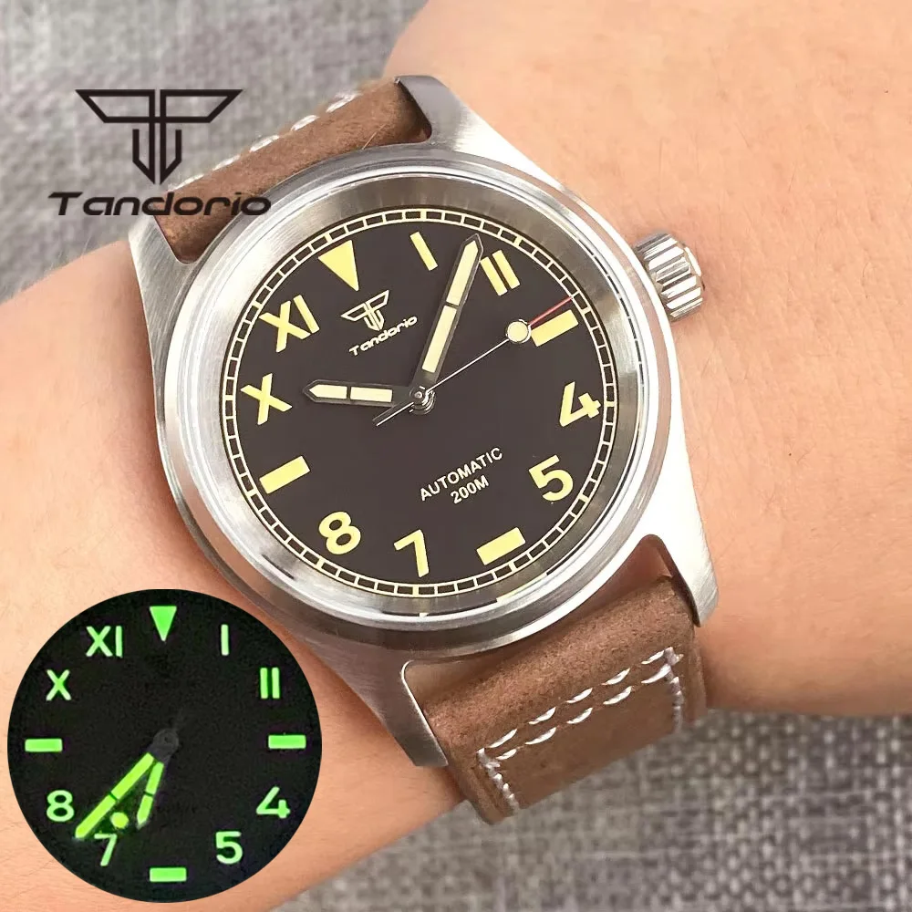Tandorio Automatic 36mm Pilot Diving Watch for Men 20BAR Waterproof Miyota8215 PT5000 Vintage Wristwatch Sapphire Glass Luminous