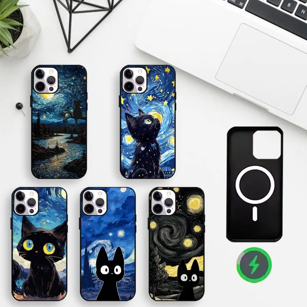 

Van Gogh Art Cute Kitty Cat Phone Case For iPhone17,16,15,14,13,12,11 Plus,For Magnetic Wireless Charge Cover