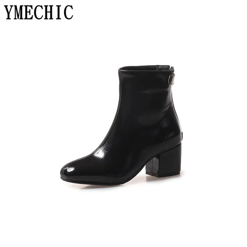 YMECHIC 2023 Autumn Winter Pu Patent Leather Ankle Short Womens Boots Black Red Beige Plus Size Block High Heels Ladies Shoes